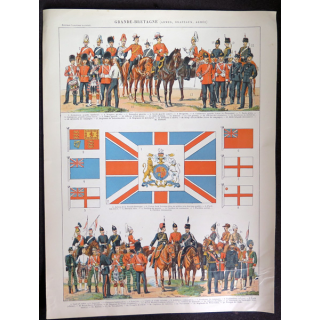 Image cartonnée 23,5 x 30,5 cm du nouveau Larousse illustré de 1906 sur Armes, Drapeaux et Armée de la Grande Bretagne