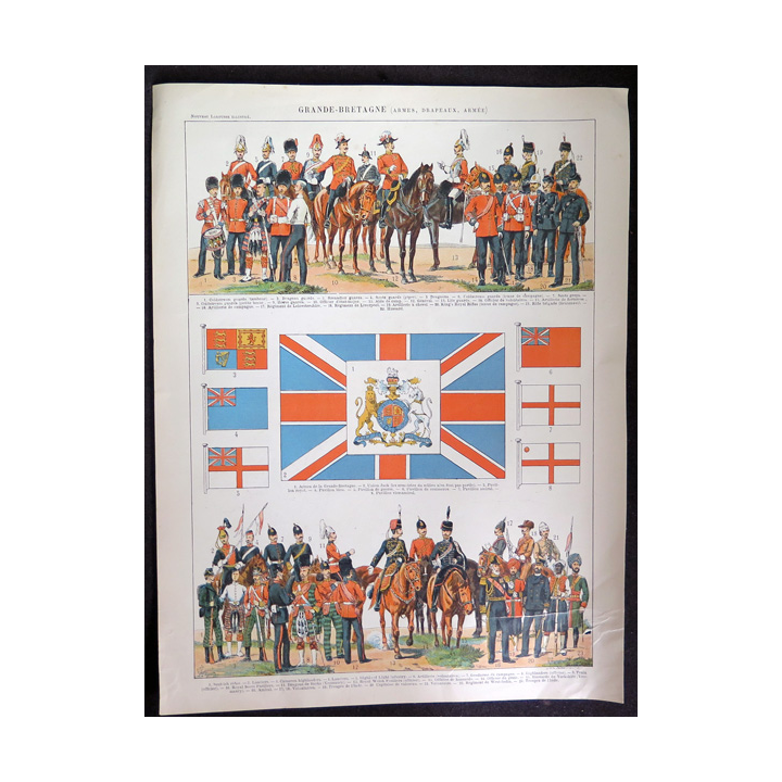 Image cartonnée 23,5 x 30,5 cm du nouveau Larousse illustré de 1906 sur Armes, Drapeaux et Armée de la Grande Bretagne