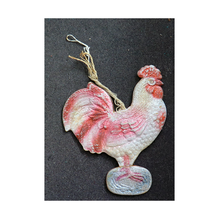 URSS : Ancienne décoration de sapin de Noël « Coq », carton soviétique,1940-1950