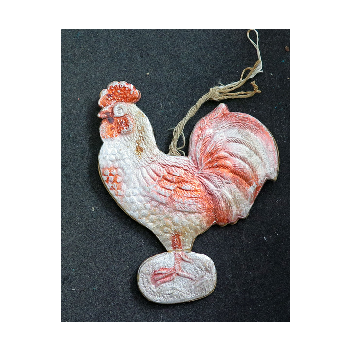 URSS : Ancienne décoration de sapin de Noël « Coq », carton soviétique,1940-1950