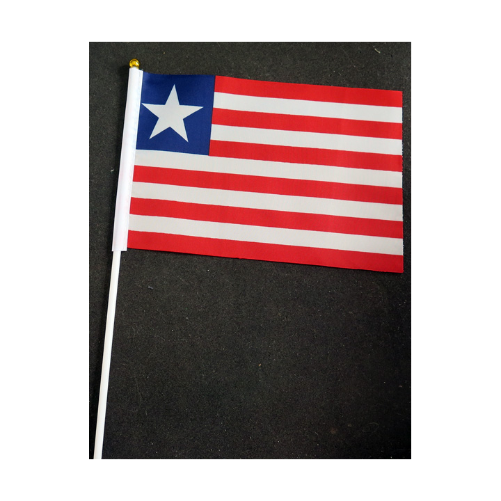 Petit drapeau à main du Liberia fixé sur une hampe en plastique blanc 20 x 13,5 cm