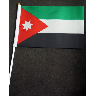 Petit drapeau à main du Royaume hachémite de Jordanie fixé sur une hampe en plastique blanc 20 x 13,5 cm