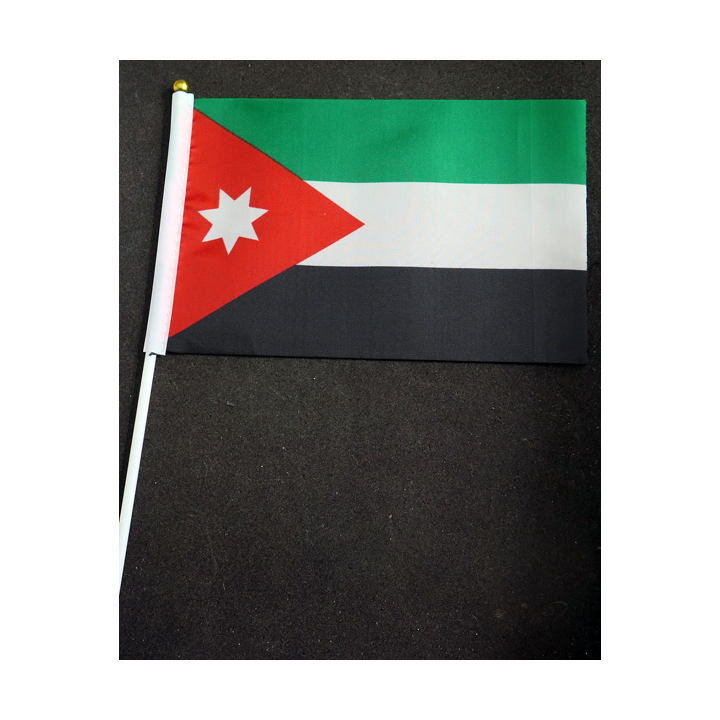 Petit drapeau à main du Royaume hachémite de Jordanie fixé sur une hampe en plastique blanc 20 x 13,5 cm