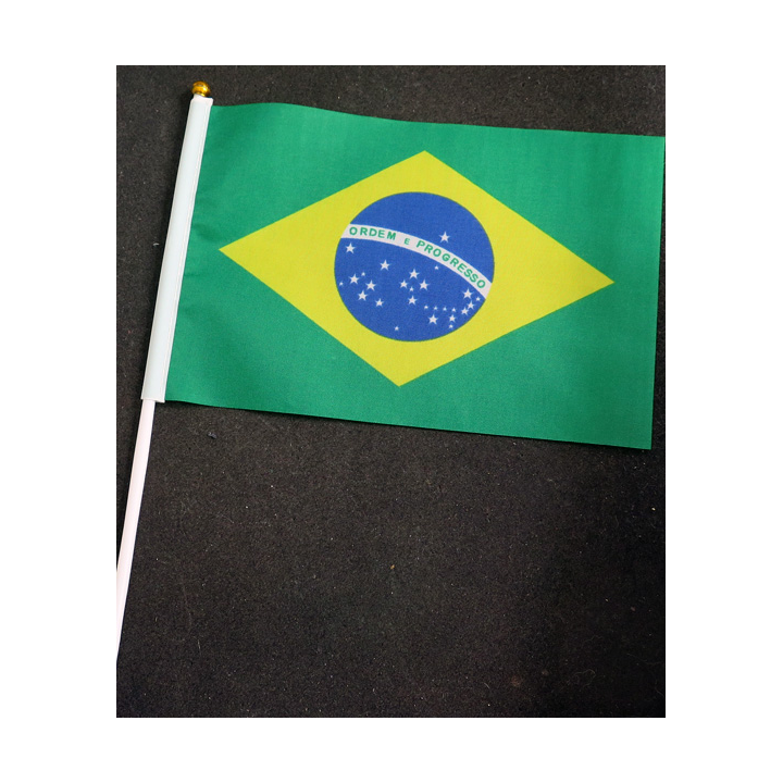 Petit drapeau à main du Brésil fixé sur une hampe en plastique blanc 20 x 13,5 cm