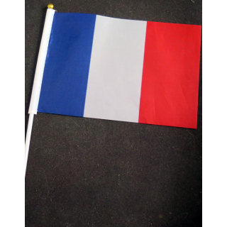 Petit drapeau à main de la France fixé sur une hampe en plastique blanc 20 x 13,5 cm