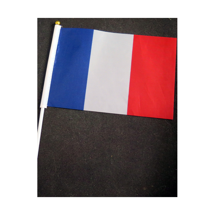 Petit drapeau à main de la France fixé sur une hampe en plastique blanc 20 x 13,5 cm