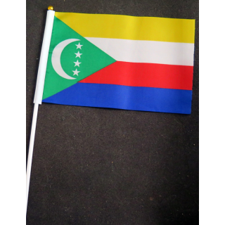 Petit drapeau à main de l'Union des Comores fixé sur une hampe en plastique blanc 20 x 13,5 cm