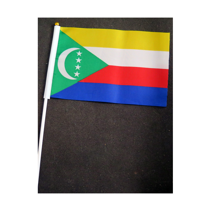Petit drapeau à main de l'Union des Comores fixé sur une hampe en plastique blanc 20 x 13,5 cm