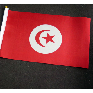 Petit drapeau à main de la Tunisie fixé su r une hampe en plastique blanc 20 x 13,5 cm
