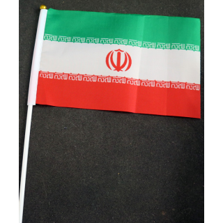 Petit drapeau à main de l'Iran fixé sur une hampe en plastique blanc 20 x 13,5 cm