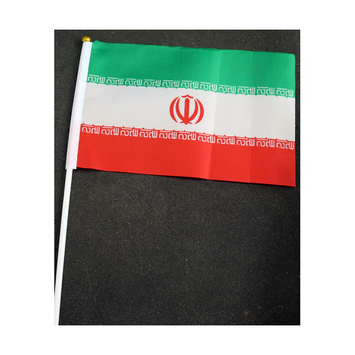 Petit drapeau à main de l'Iran fixé sur une hampe en plastique blanc 20 x 13,5 cm