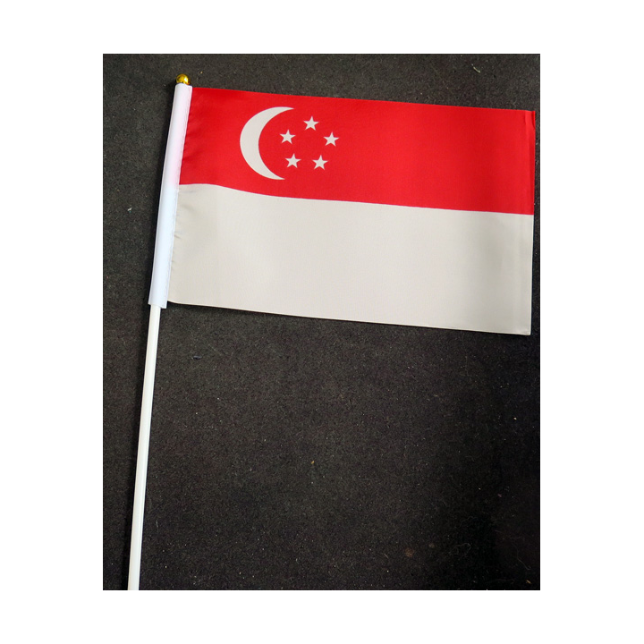 Petit drapeau à main de Singapour fixé sur une hampe en plastique blanc 20 x 13,5 cm