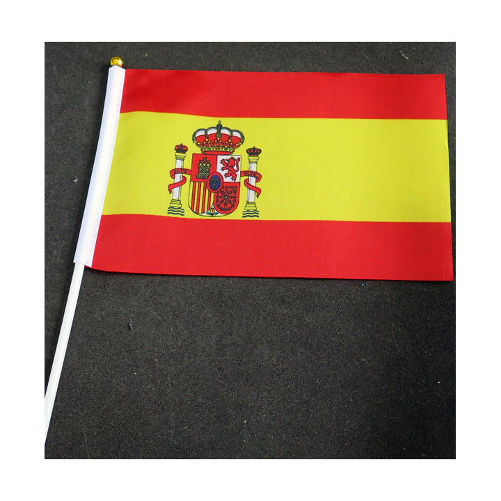Petit drapeau à main de l'Espagne fixé sur une hampe en plastique blanc 20 x 13,5 cm