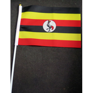 Petit drapeau à main de l'Ouganda fixé sur une hampe en plastique blanc 20 x 13,5 cm