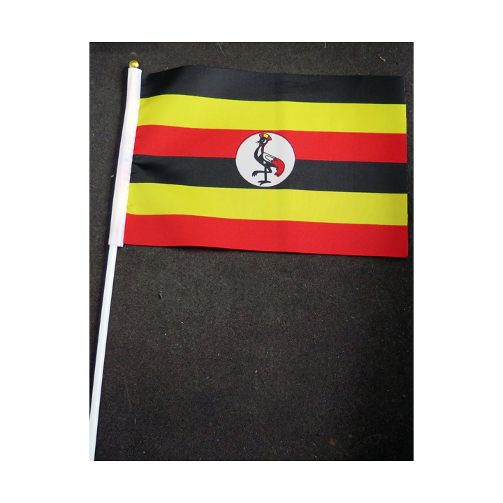 Petit drapeau à main de l'Ouganda fixé sur une hampe en plastique blanc 20 x 13,5 cm