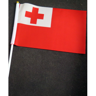 Petit drapeau à main des Tongas fixé su r une hampe en plastique blanc 20 x 13,5 cm
