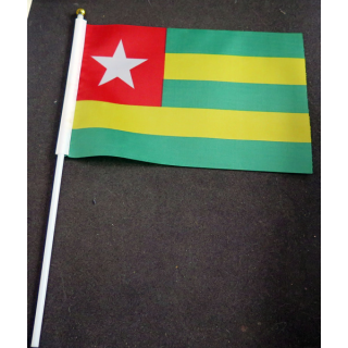 Petit drapeau à main du Togo fixé sur une hampe en plastique blanc 20 x 13,5 cm