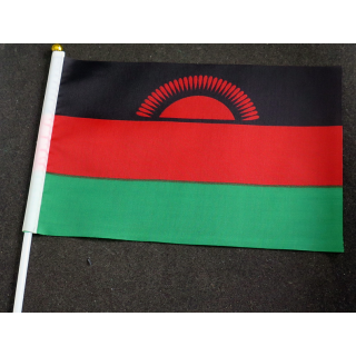 Petit drapeau à main du Malawi fixé sur une hampe en plastique blanc 20 x 13,5 cm