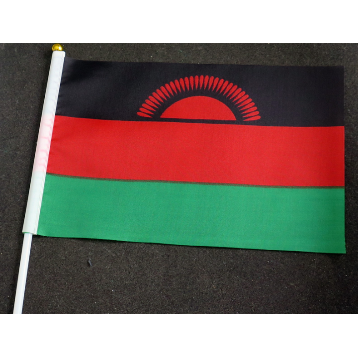 Petit drapeau à main du Malawi fixé sur une hampe en plastique blanc 20 x 13,5 cm