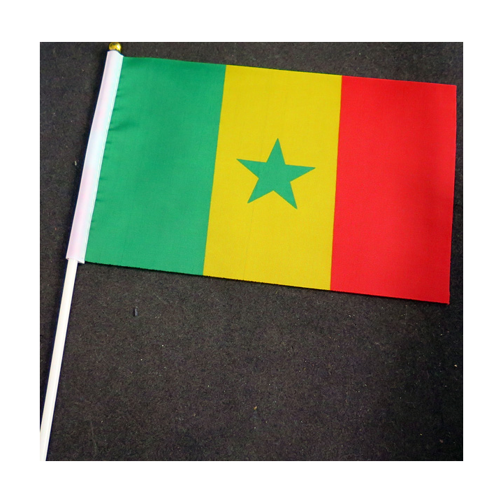 Petit drapeau à main du Sénégal fixé sur une hampe en plastique blanc 20 x 13,5 cm