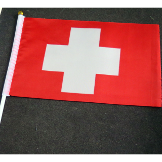 Petit drapeau à main de la Suisse fixé sur une hampe en plastique blanc 20 x 13,5 cm