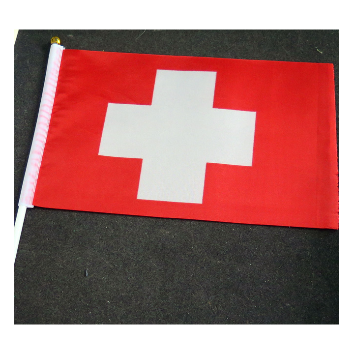 Petit drapeau à main de la Suisse fixé sur une hampe en plastique blanc 20 x 13,5 cm