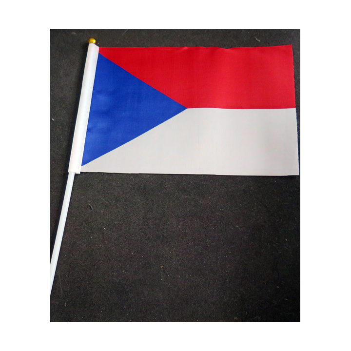 Petit drapeau à main de la République Tchèque fixé sur une hampe en plastique blanc 20 x 13,5 cm