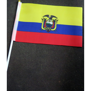 Petit drapeau à main de l'Equateur fixé sur une hampe en plastique blanc 20 x 13,5 cm