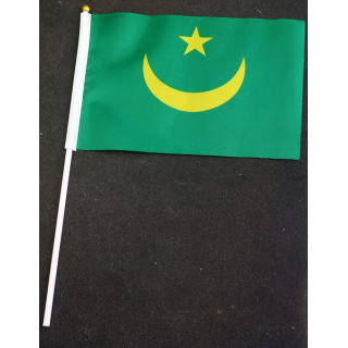 Petit drapeau à main de la Mauritanie fixé sur une hampe en plastique blanc 20 x 13,5 cm
