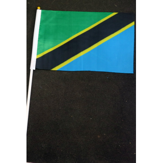 Petit drapeau à main de la Tanzanie fixé sur une hampe en plastique blanc 20 x 13,5 cm