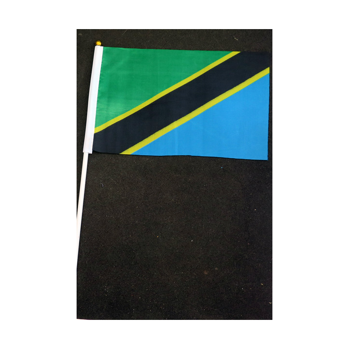 Petit drapeau à main de la Tanzanie fixé sur une hampe en plastique blanc 20 x 13,5 cm