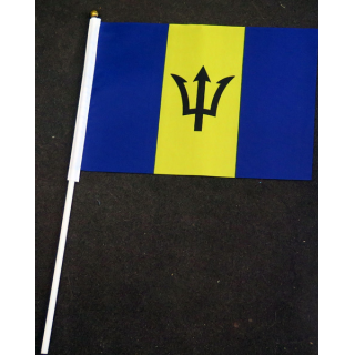Petit drapeau à main de la Barbade fixé sur une hampe en plastique blanc 20 x 13,5 cm