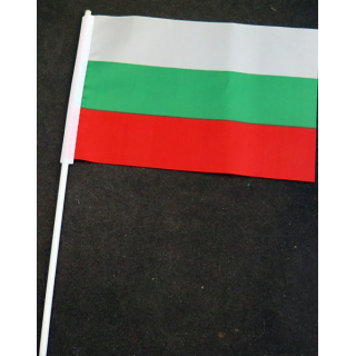 Petit drapeau à main de la Bulgarie fixé sur une hampe en plastique blanc 20 x 13,5 cm