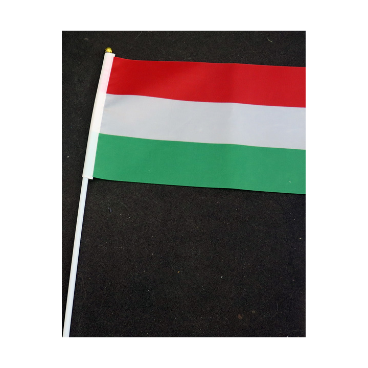 Petit drapeau à main de la Hongrie fixé sur une hampe en plastique blanc 20 x 13,5 cm
