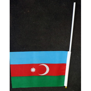 Petit drapeau à main de l'Azerbaïdjan fixé sur une hampe en plastique blanc 20 x 13,5 cm