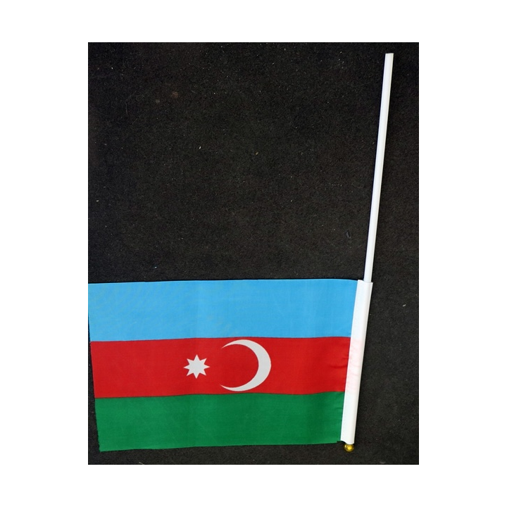 Petit drapeau à main de l'Azerbaïdjan fixé sur une hampe en plastique blanc 20 x 13,5 cm