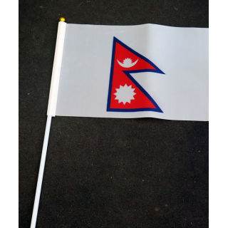 Petit drapeau à main du Népal fixé sur une hampe en plastique blanc 20 x 13,5 cm