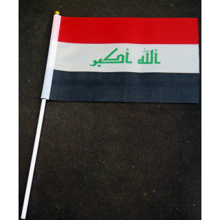 Petit drapeau à main de l'Irak fixé sur une hampe en plastique blanc 20 x 13,5 cm