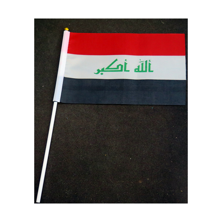 Petit drapeau à main de l'Irak fixé sur une hampe en plastique blanc 20 x 13,5 cm