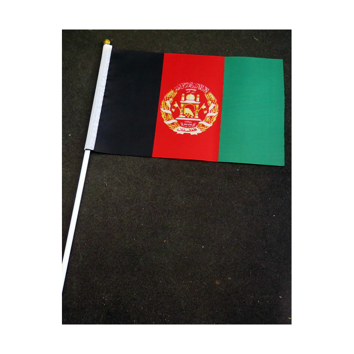 Petit drapeau à main de l'Afghanistan fixé sur une hampe en plastique blanc 20 x 13,5 cm
