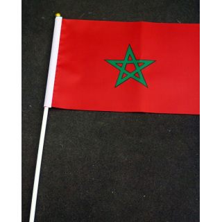 Petit drapeau à main du Maroc fixé sur une hampe en plastique blanc 20 x 13,5 cm