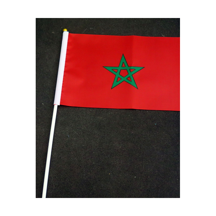 Petit drapeau à main du Maroc fixé sur une hampe en plastique blanc 20 x 13,5 cm