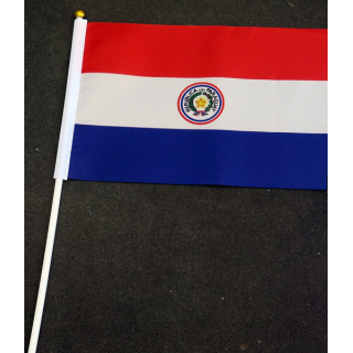 Petit drapeau à main du Paraguay fixé sur une hampe en plastique blanc 20 x 13,5 cm