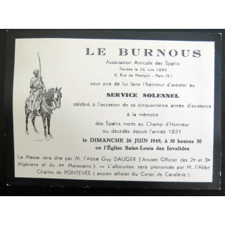 Carte d'invitation de l'association Le Burnous (amicale des Spahis) pour un service solennel en 1949