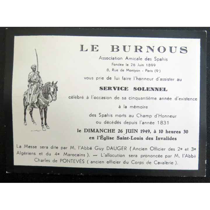 Carte d'invitation de l'association Le Burnous (amicale des Spahis) pour un service solennel en 1949