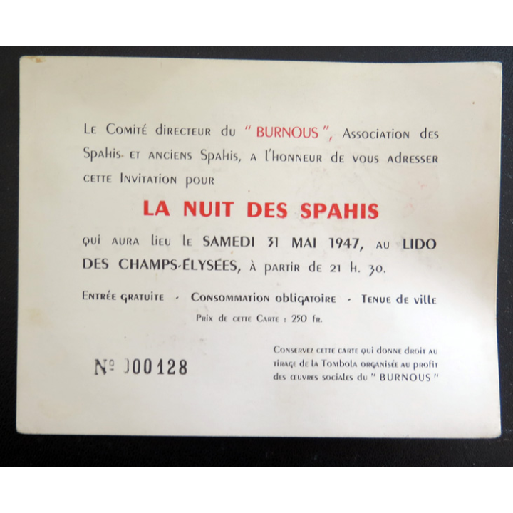 Carton d'invitation de l'association Le Burnous (amicale des Spahis) pour la Nuit des Spahis au Lido le 31 mai 1947