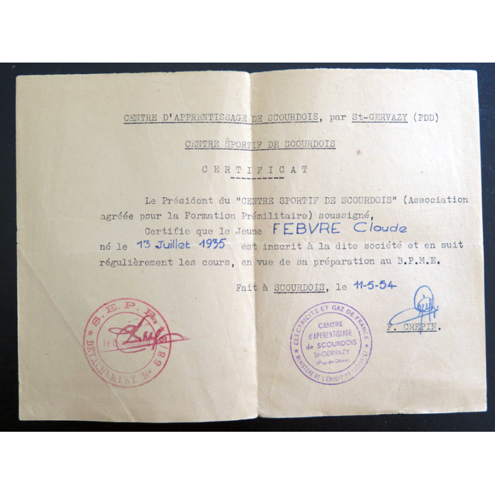 Certificat du centre d'apprentissage de Sournois St Gervais de 1954 attribué