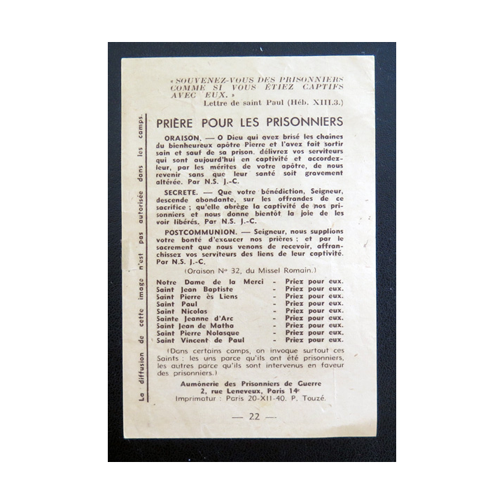IMAGE PIEUSE : Prière pour les Prisonniers 8 x 12 cm