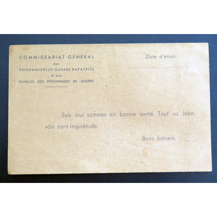 Carte postale du commissariat général aux prisonniers de guerre et aux familles des prisonniers de guerre