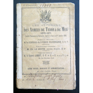 Livret des Vétérans des armées de terre et de mer 1870-1871 n° 77348 délivré à Joseph Dubois